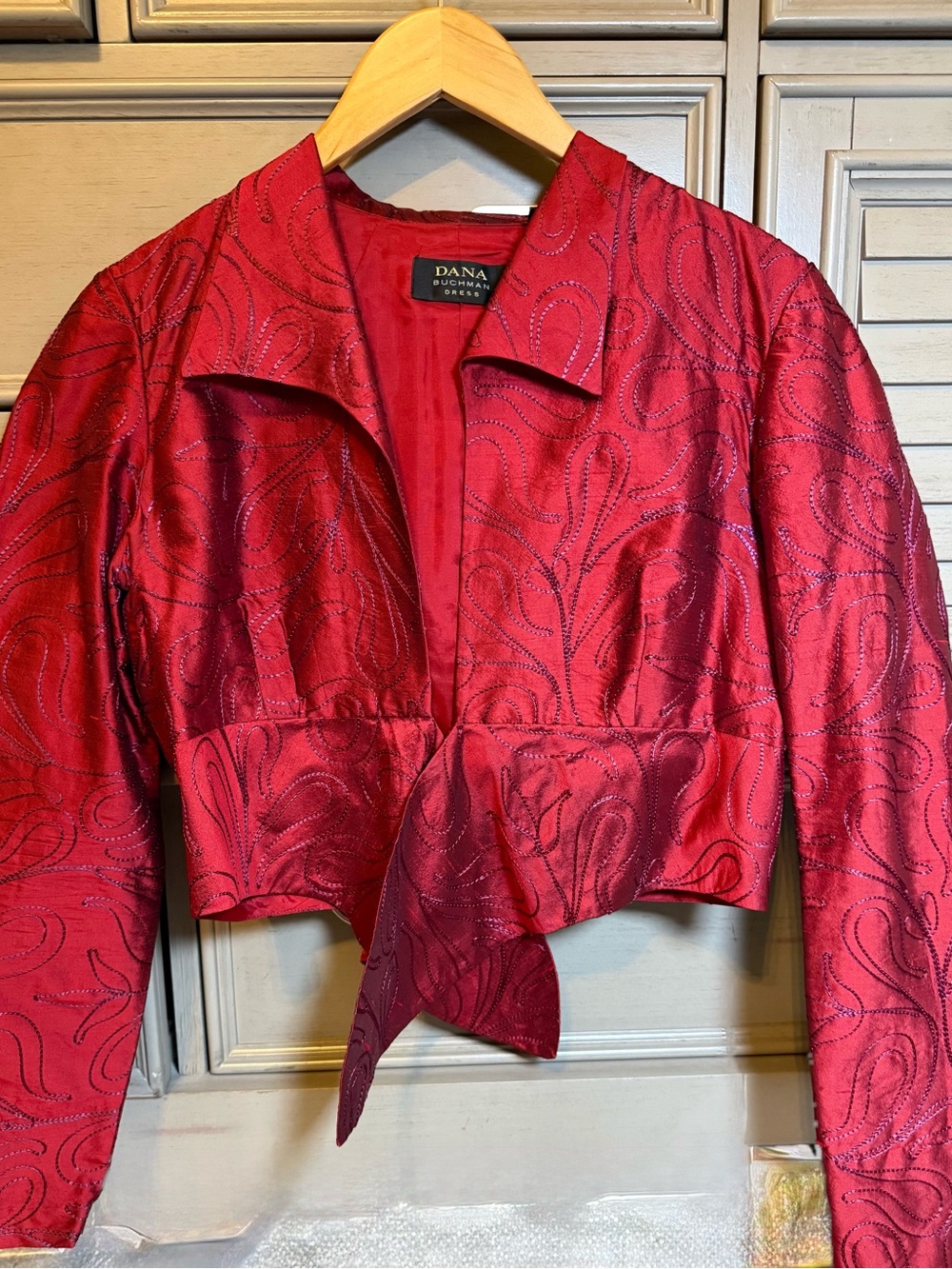 Dana Buchman Shimmery Red Cropped Tie-Front Jacket